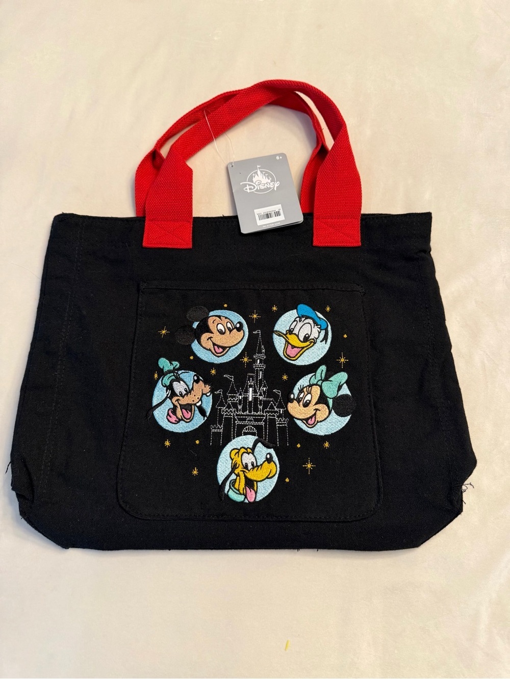 NWT! Disney Parks Black Embroidered Canvas Tote with Red Handles